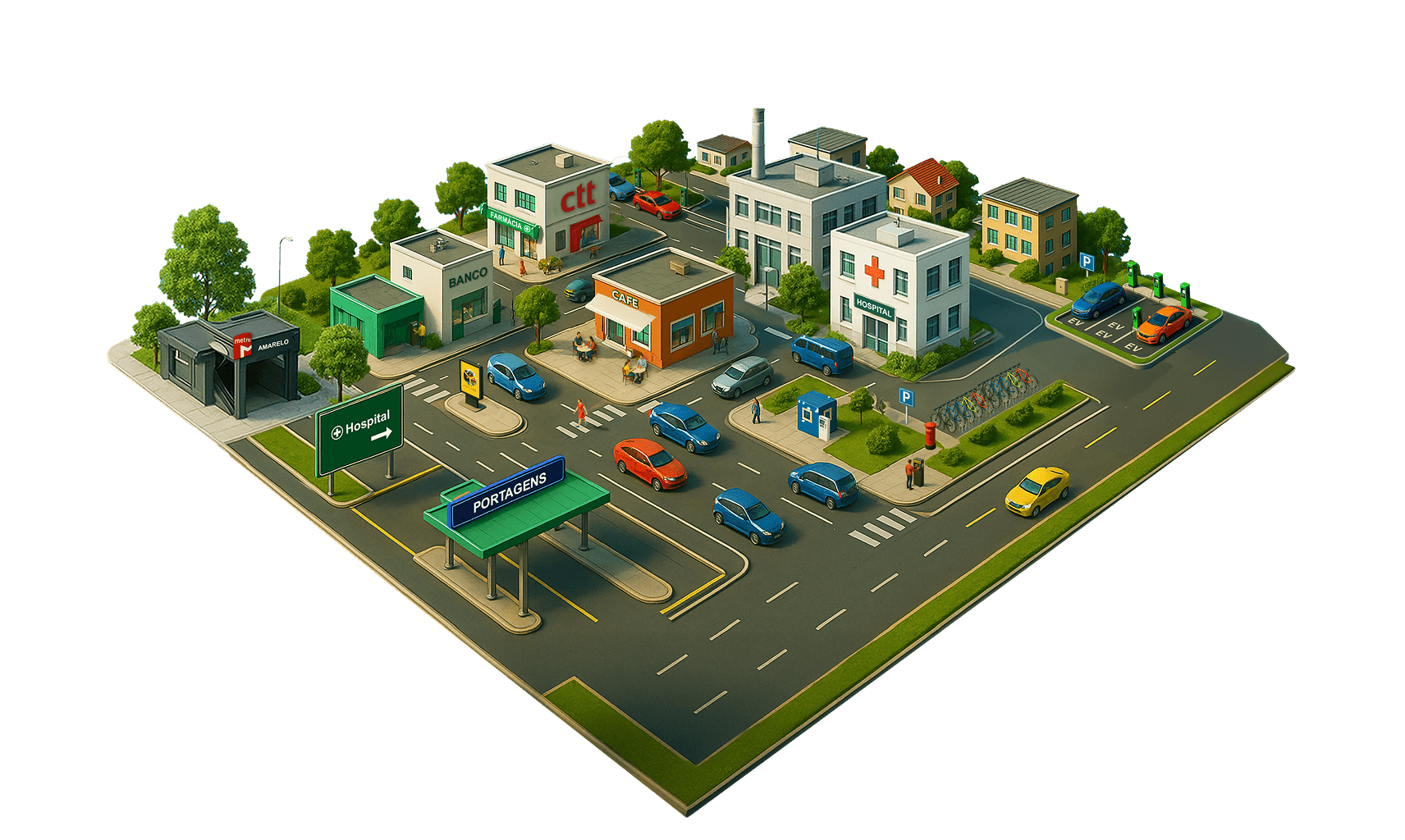 Mapa das áreas de negócio mostrando diferentes localizações e serviços